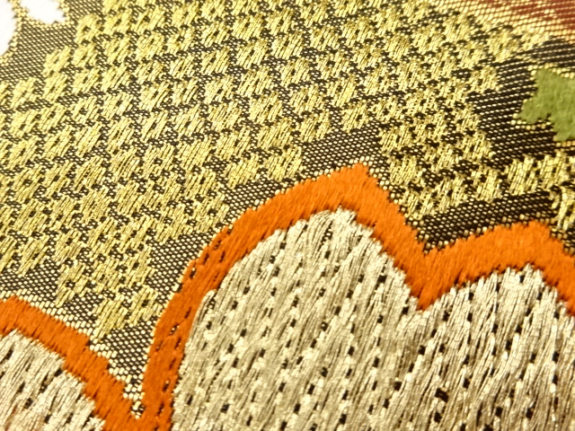  格子に花々・葉・古典柄模様織出し全通袋帯